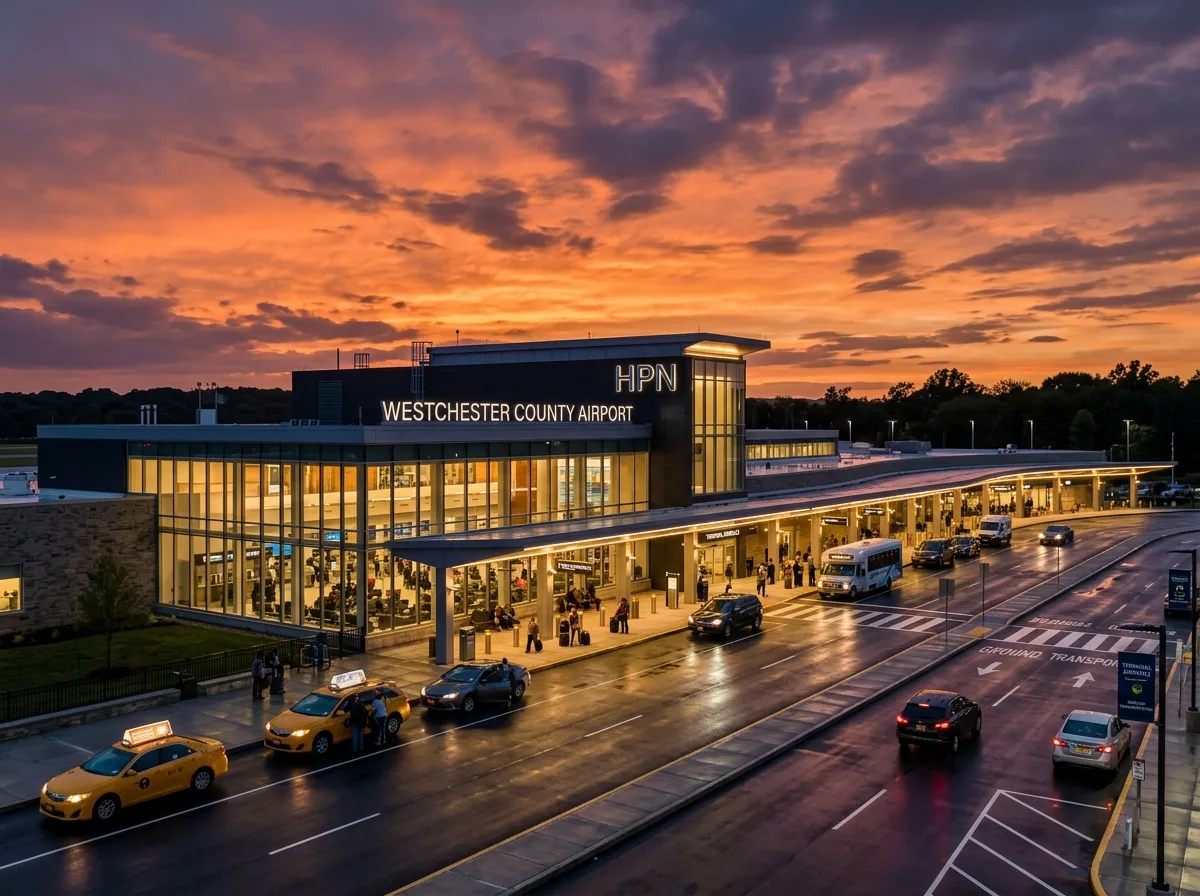 Westchester County Airport HPN terminal exterior at dusk, wide-angle architectural shot, dramatic orange sky, ground transportation area visible in foreground