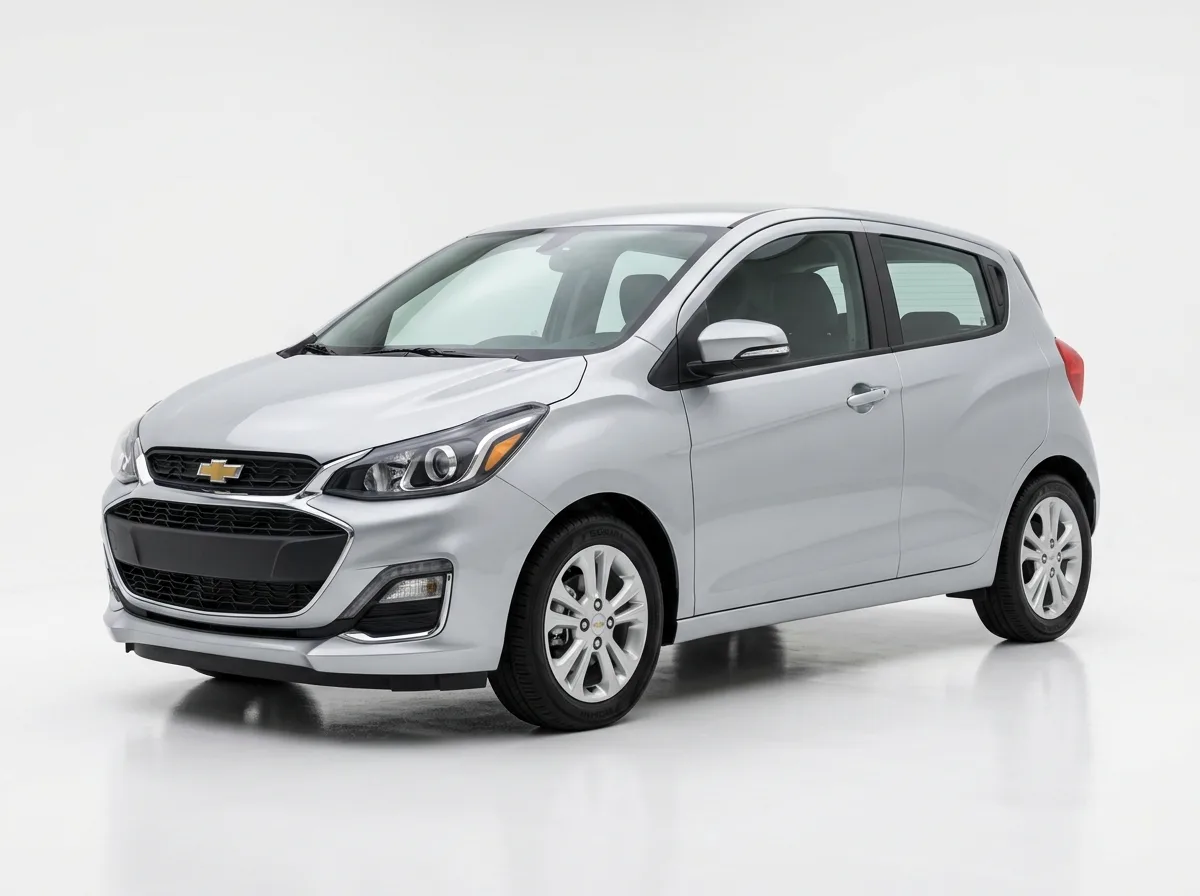 Chevrolet Spark economy hatchback, silver, front three-quarter view on white studio background, clean product shot