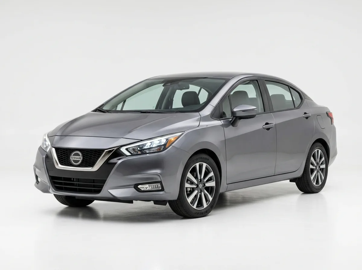 Nissan Versa compact sedan, gray, front three-quarter view on white studio background, clean product shot