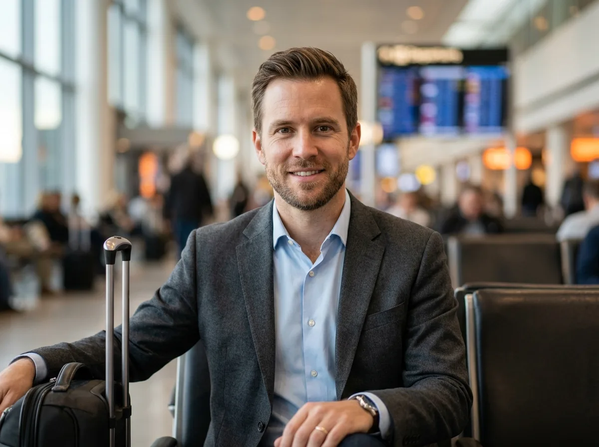 Headshot of male business traveler, mid-30s, professional expression, neutral background